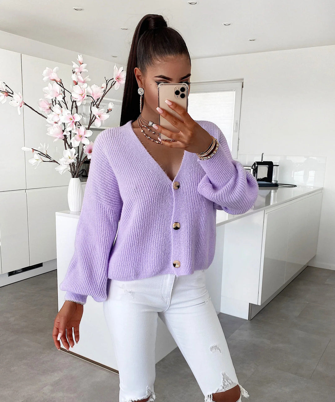 Damen kuschelige Strickjacke mit großen Knöpfen und lockeren Ärmeln Drune
