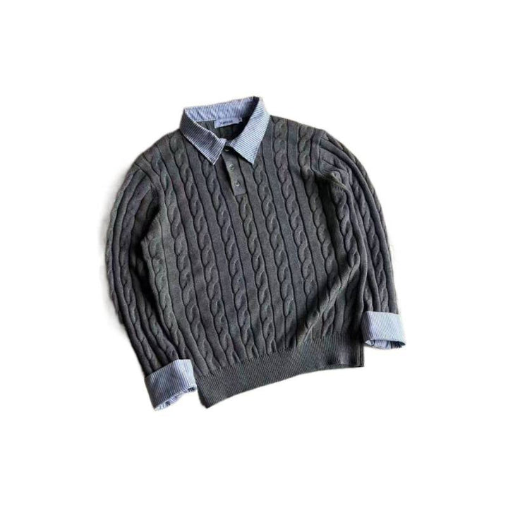 Damen nan gestrickter Polo-Pullover mit Zopfmuster und eingesetztem Hemdkragen Drune