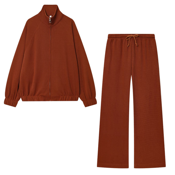 Damen nan loungiges Sweatsuit-Zweiteiler mit Reißverschluss-Stehkragen, elastischem Saum und weitem Highwaist-Hosenbein Drune