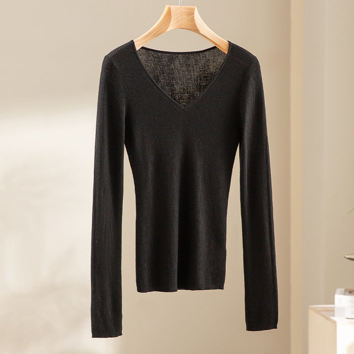 Damen Feiner gerippter Feinstrickpullover mit V-Ausschnitt und taillierter Silhouette Drune