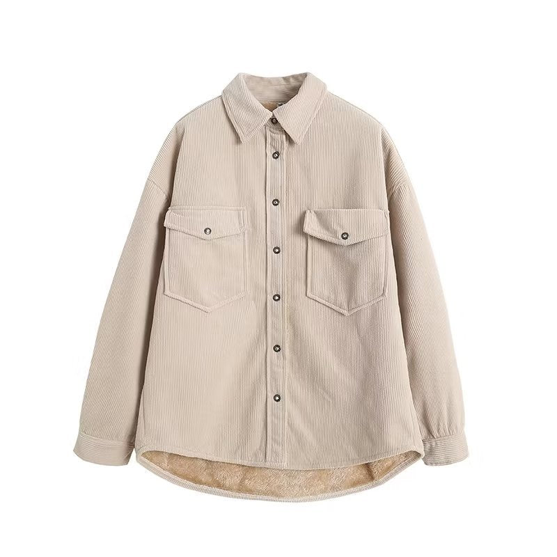 Damen nan oversized Cordhemdjacke mit wattiertem Teddyfutter, aufgesetzten Pattentaschen und Druckknopfleiste Drune