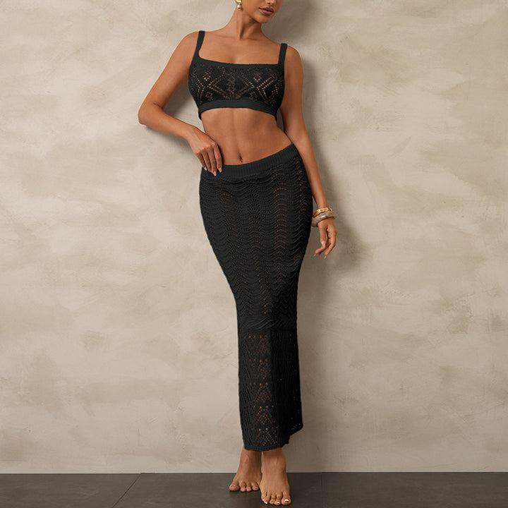 Damen Häkel-Bikini Set mit figurbetontem Oberteil und elastischem Rock Drune