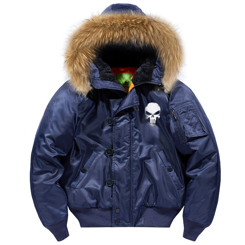 Herren -isolierte Kapuzen-Bomberjacke mit Kunstfellbesatz und Schädel-Brustgrafik Drune