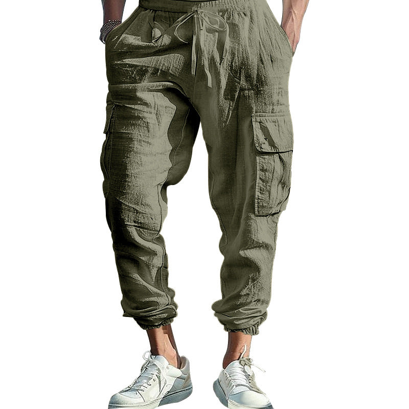Herren nan lässige Leinen-Cargo-Jogger mit Kordelbund, großen Klapptaschen und elastischem Knöchelabschluss Drune