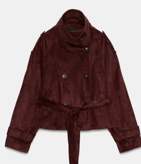 Damen Kurzjacke aus Wildlederimitat mit hohem Stehkragen und Bindegürtel Drune