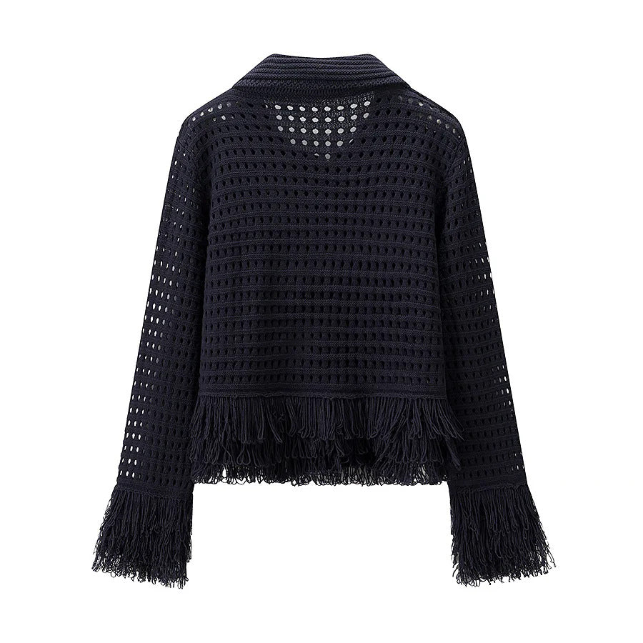Damen nan gehäkelte Lochstrick-Cardigan mit Fransenbesatz und kastiger Silhouette Drune