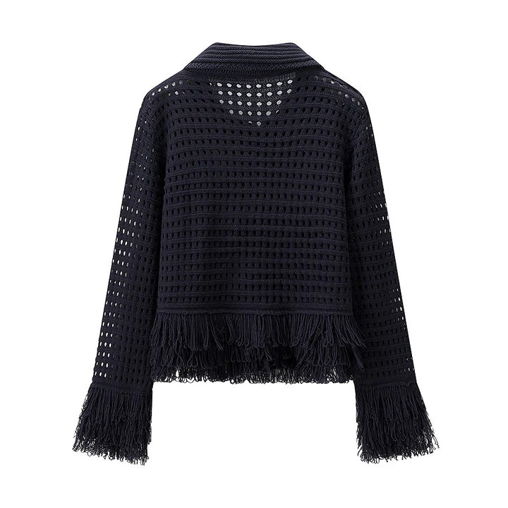 Damen nan gehäkelte Lochstrick-Cardigan mit Fransenbesatz und kastiger Silhouette Drune