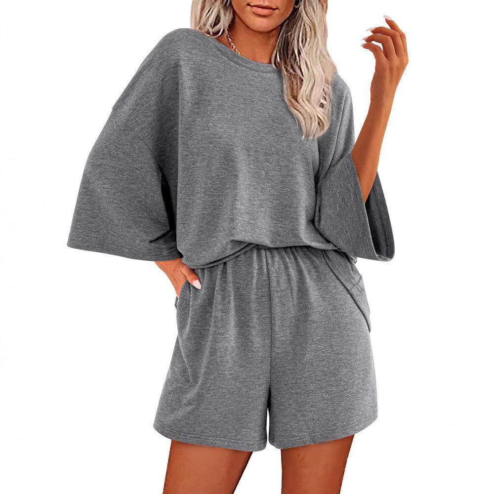 Damen Oversized Fledermaus Kurzarm Lounge Oberteil und Shorts Set mit Elastischem Bund Drune