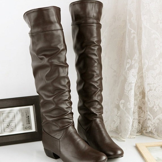 Damen kniehohe Slouch-Stiefel mit Umschlag und flachem Absatz Drune