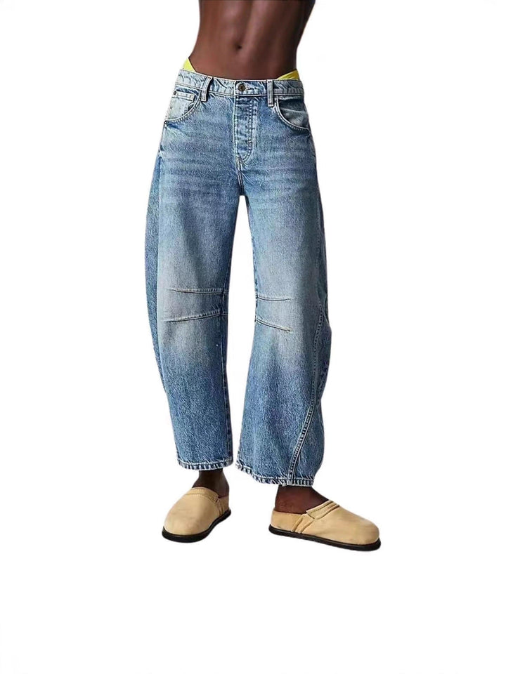 Damen Lässige Weite Denim-Hose mit Tunnelzug Drune