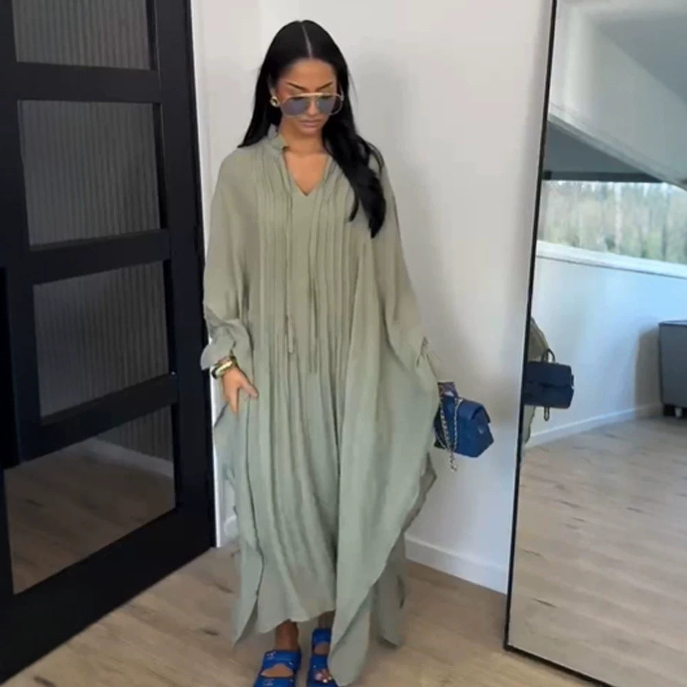 Damen Maxikleid im Kaftan-Stil mit Rüschenkragen, Bindebändern und voluminösen Ärmeln Drune