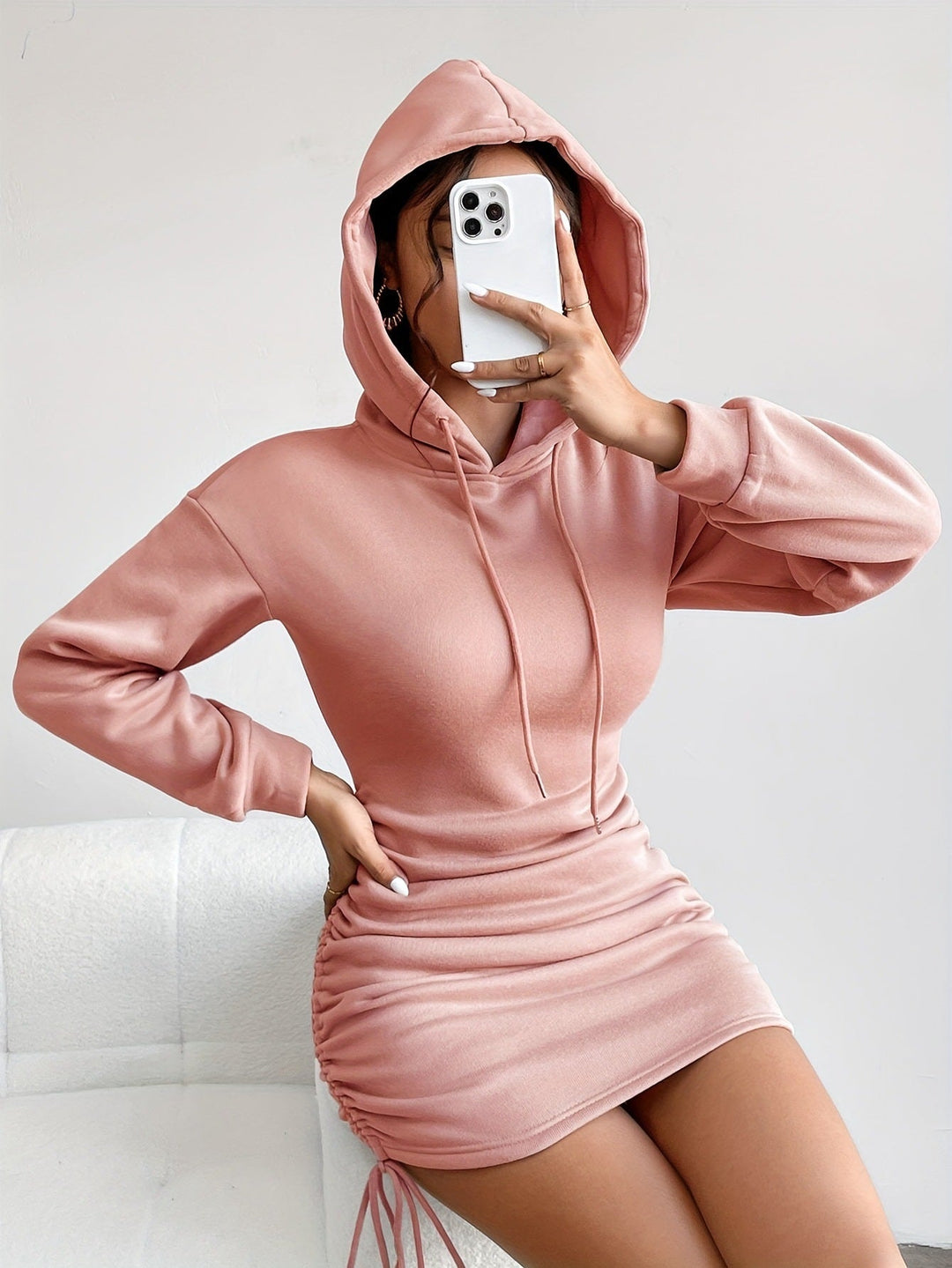Damen Hoodie Kleid mit Raffung Drune