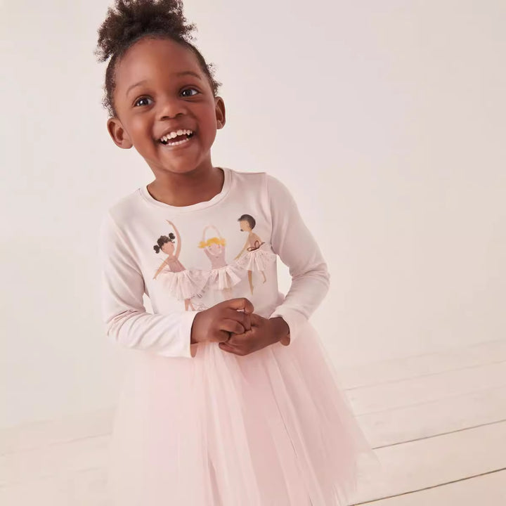 Mädchen Ballettkleid mit Tüllrock und lebhaften Tänzerinnen-Applikationen Drune