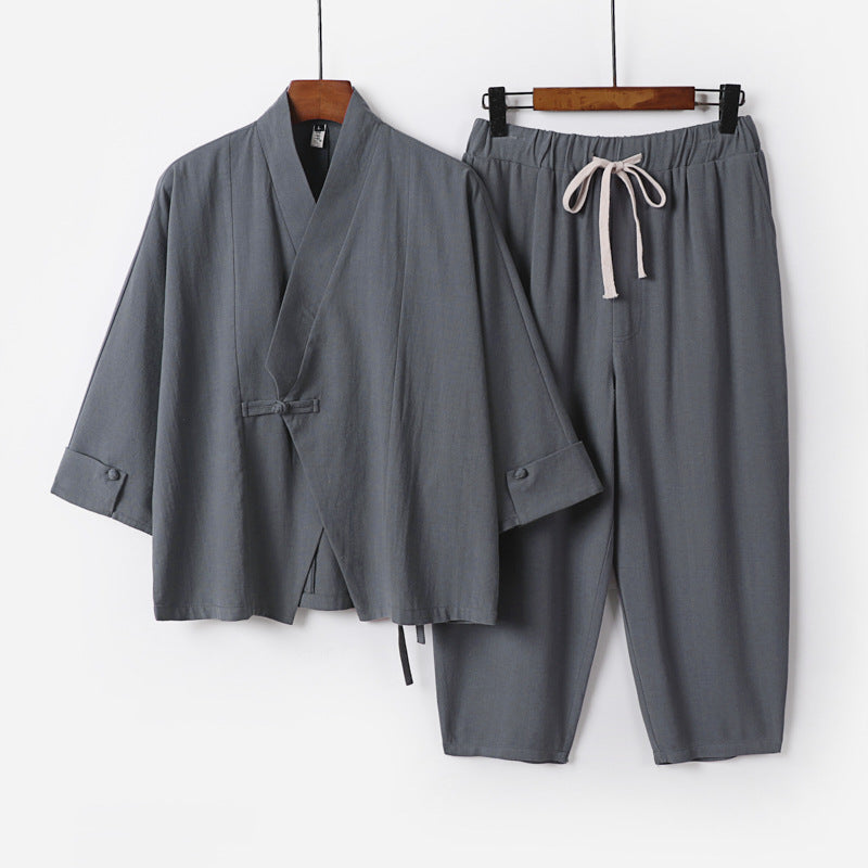 Herren Atmungsaktives Leinen-Baumwoll Lounge-Set mit asymmetrischem V-Kragen und elastischer Kordelhose Drune