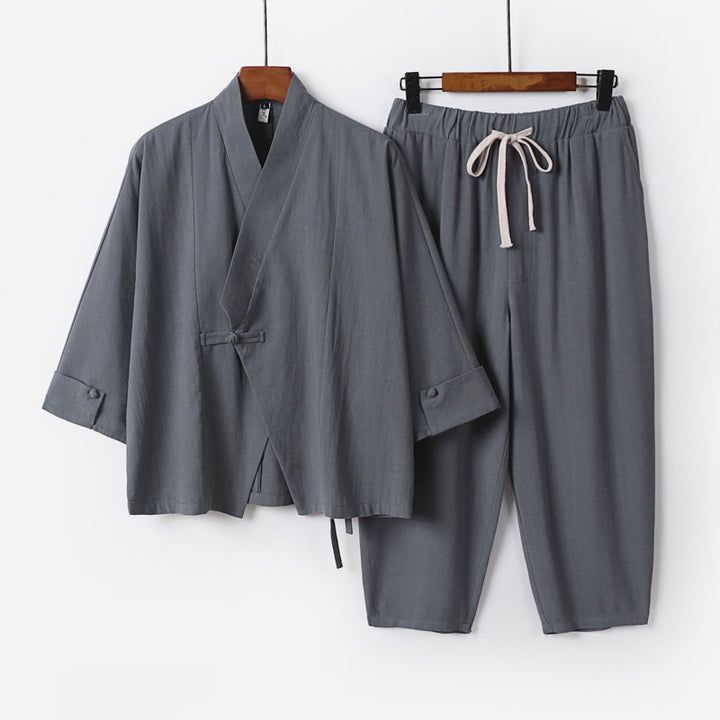 Herren Atmungsaktives Leinen-Baumwoll Lounge-Set mit asymmetrischem V-Kragen und elastischer Kordelhose Drune