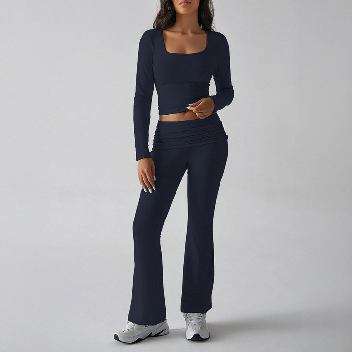 Damen nan figurbetontes Cropped-Set mit langärmeligem Top mit quadratischem Ausschnitt und ausgestellter High‑Waist Yoga-Hose Drune
