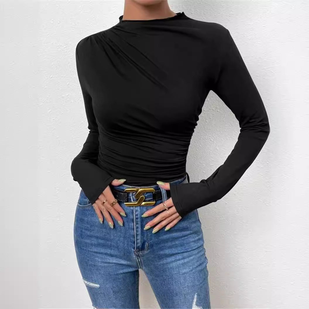 Damen nan figurbetontes Langarmshirt mit asymmetrischer Raffung am Vorderteil und U-Boot-Ausschnitt Drune