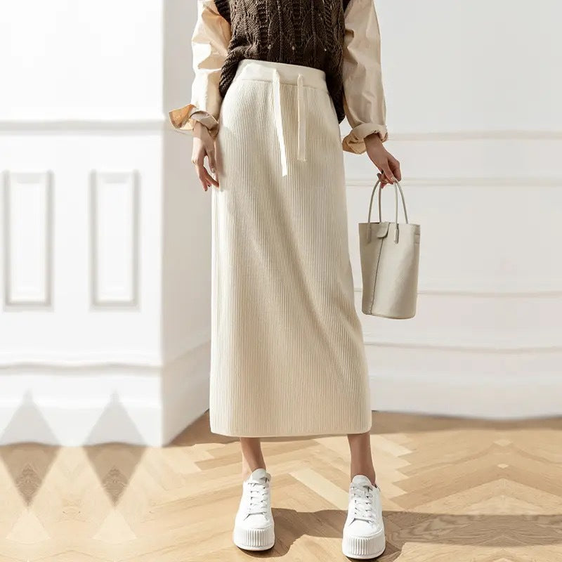 Damen Eleganter Rippstrick-Midirock mit Bindegürtel Drune