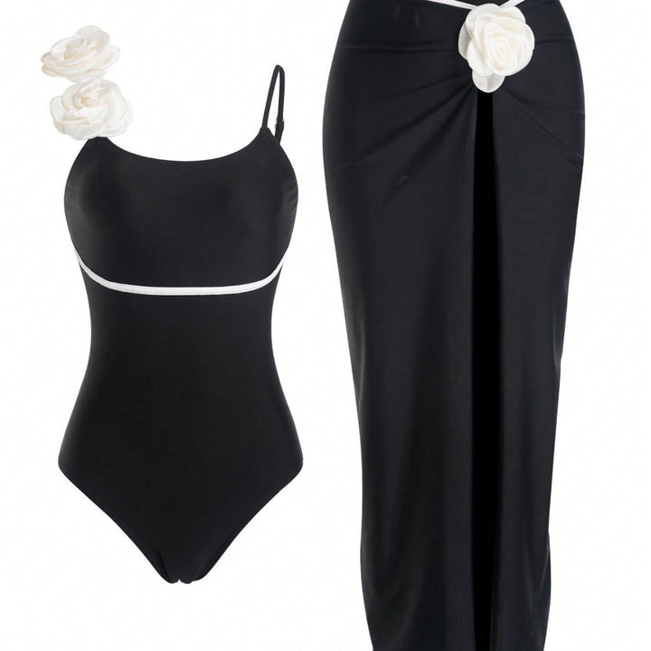 Damen Einteiler Badeanzug mit elegantem Rock und verspielten Blütendetails Drune