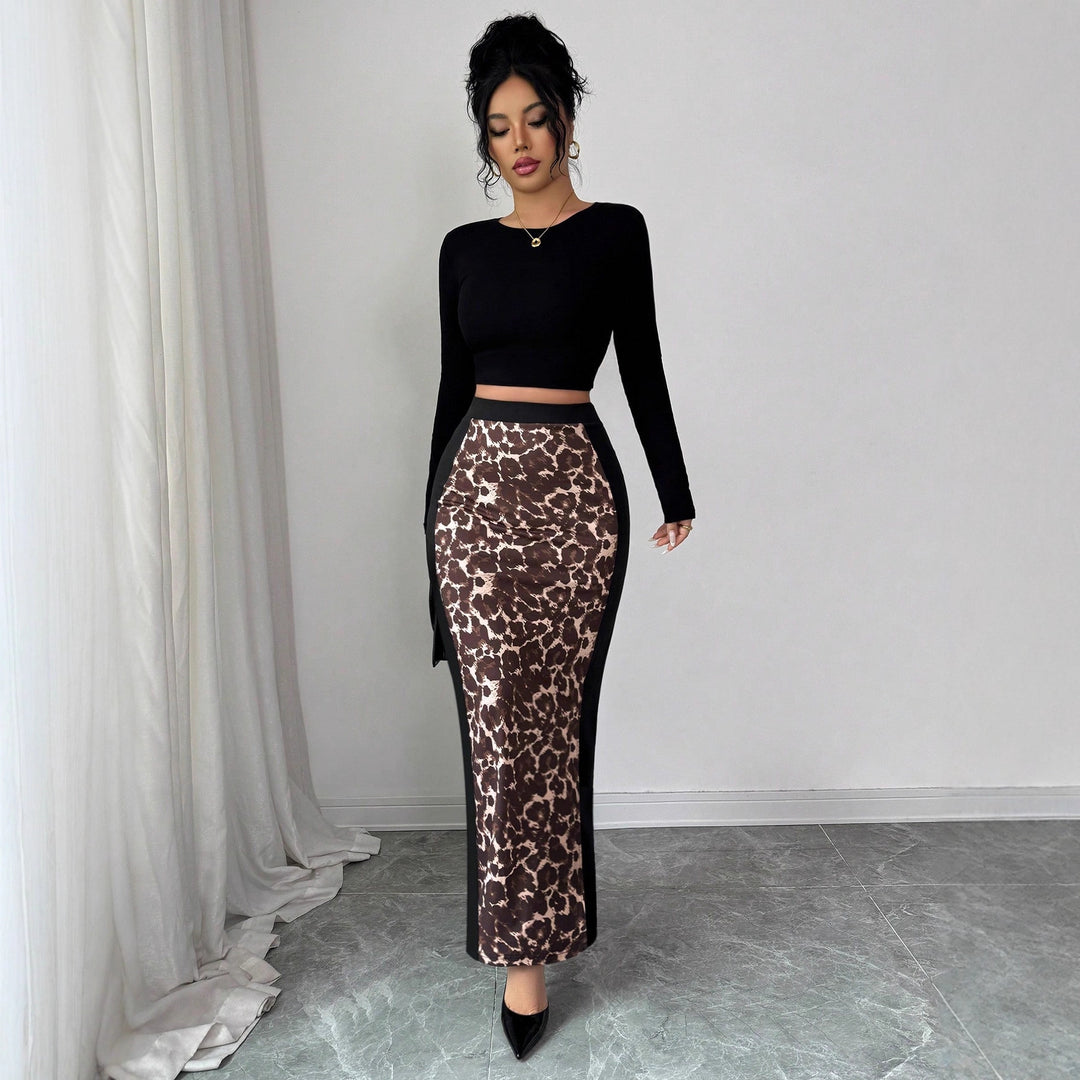 Damen nan taillierter Bleistiftmidirock mit Animal-Print-Mittelbahn und seitlichem Oberschenkel-Schlitz Drune