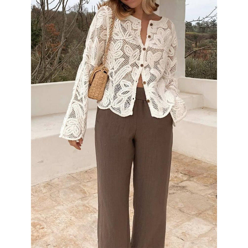 Damen Häkel-Cardigan mit Blumen‑Ajourmuster, Knopfleiste & gewelltem Saum Drune