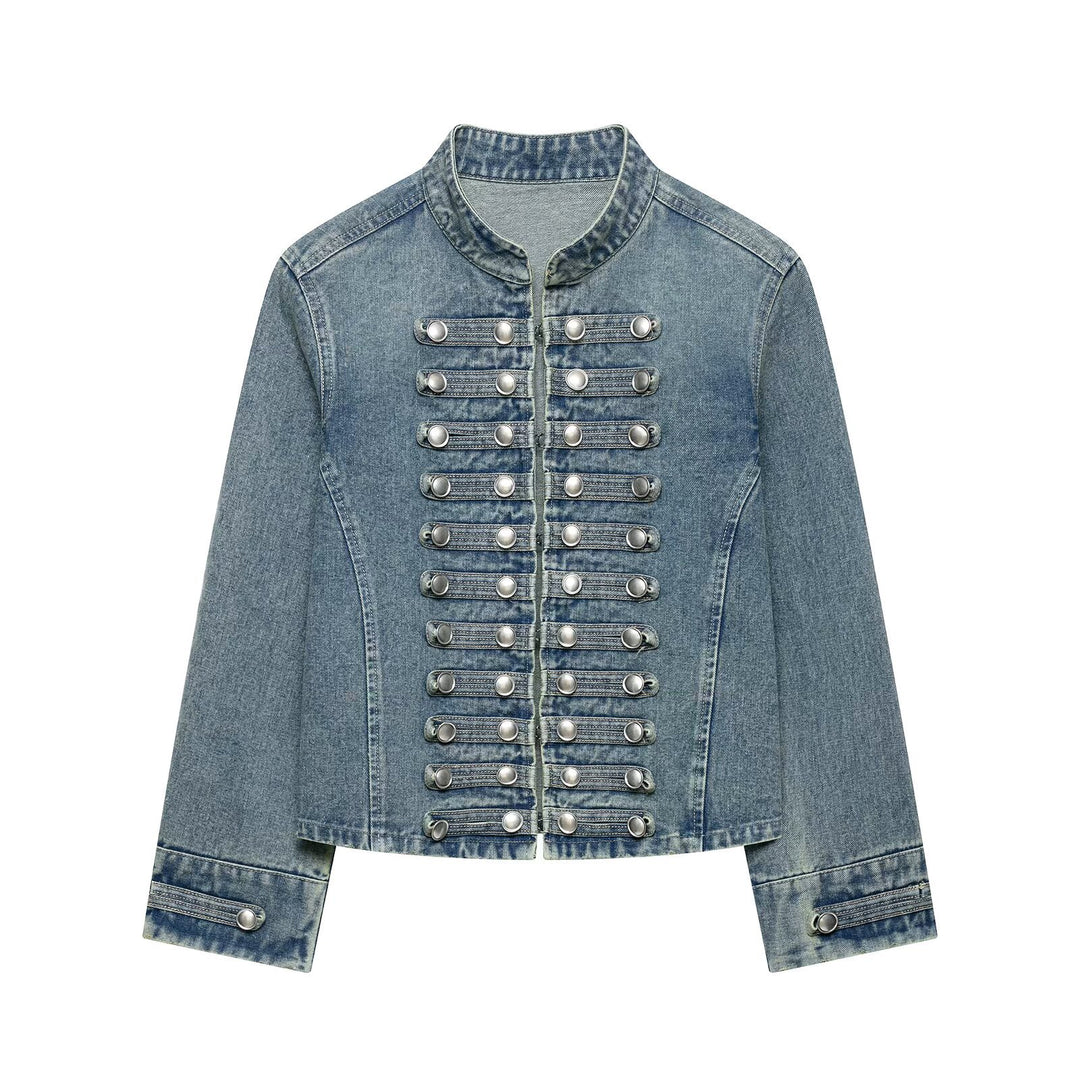 Damen Taillierte Denim‑Blazerjacke im militärisch inspirierten Marschallstil mit Zierknopfleiste Drune