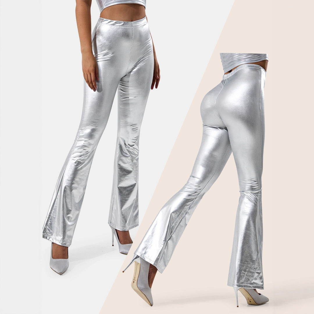 Damen High-Waist Metallic-Schlaghose mit formendem Stretchbund und eleganter Bootcut-Passform Drune