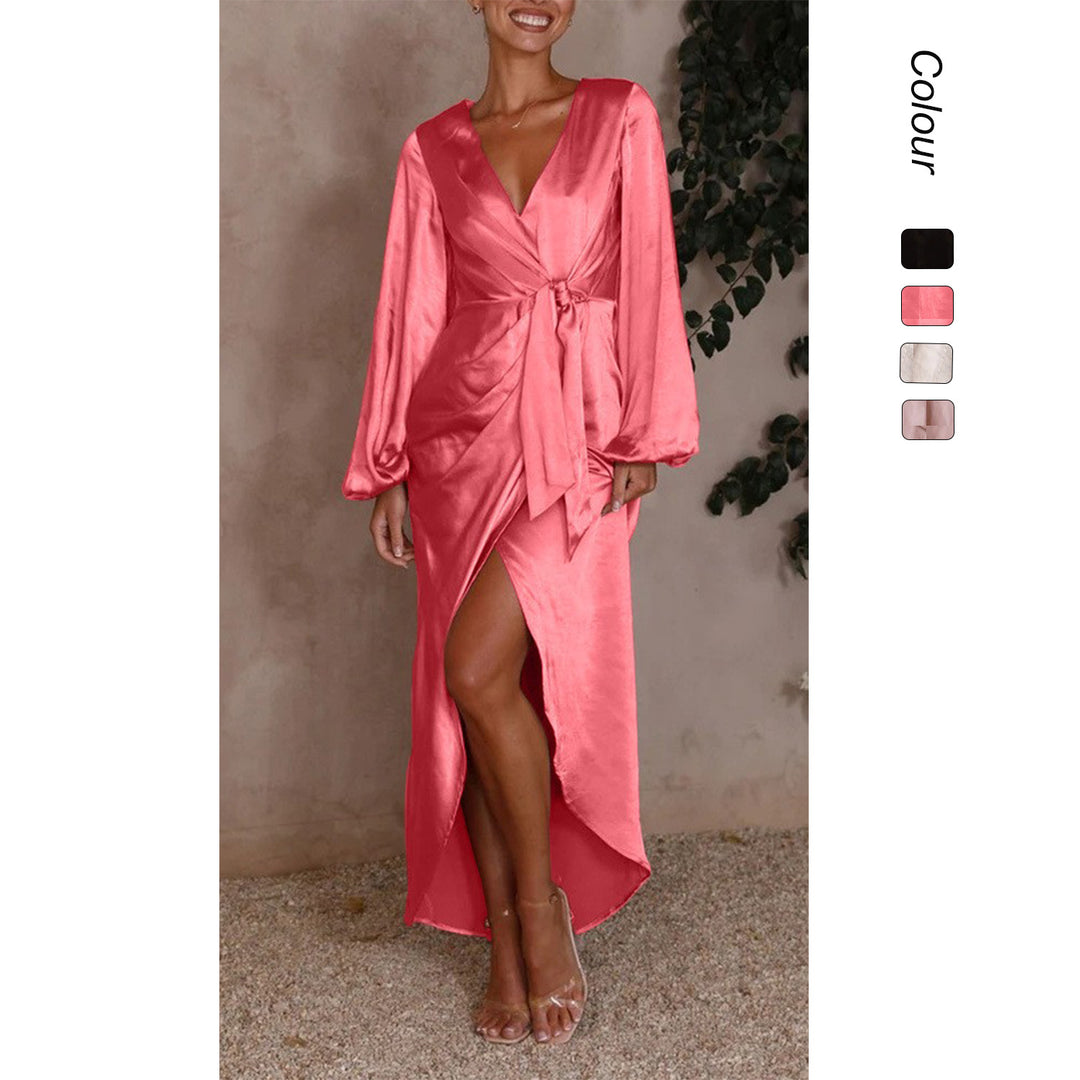 Damen Satin Wickelkleid mit elegantem V-Ausschnitt und voluminösen Ärmeln Drune