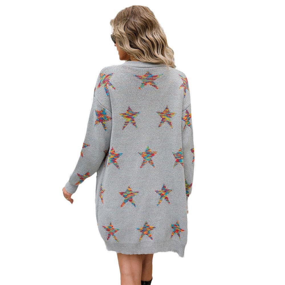 Damen modische Strickjacke mit bunten Sternenapplikationen Drune