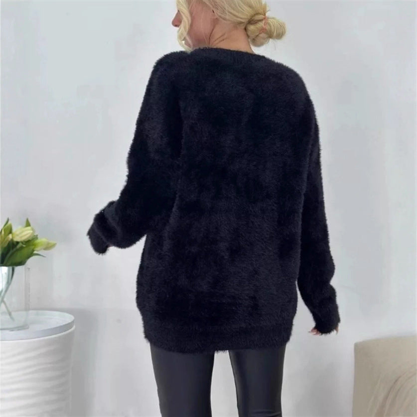 Damen Flauschiger Oversize-Knopfcardigan mit tiefem V‑Ausschnitt und aufgesetzten Taschen Drune