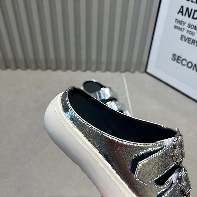Damen Spitz zulaufende Mule‑Sneaker mit doppelten Schnallenriemen und flacher Plateausohle Drune