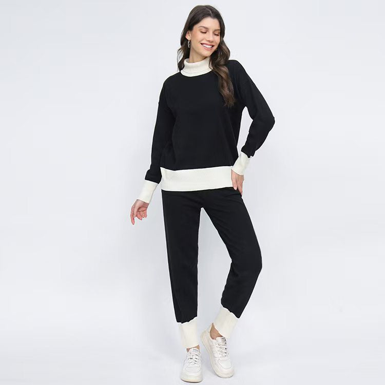 Damen komfortables Strick-Loungewear-Set mit hohem Kragen und elastischen Bündchen Drune
