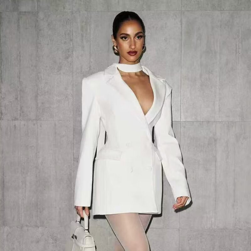 Damen Doppelreihiger Longline-Blazer mit Taillenabnähern und Pattentaschen Drune