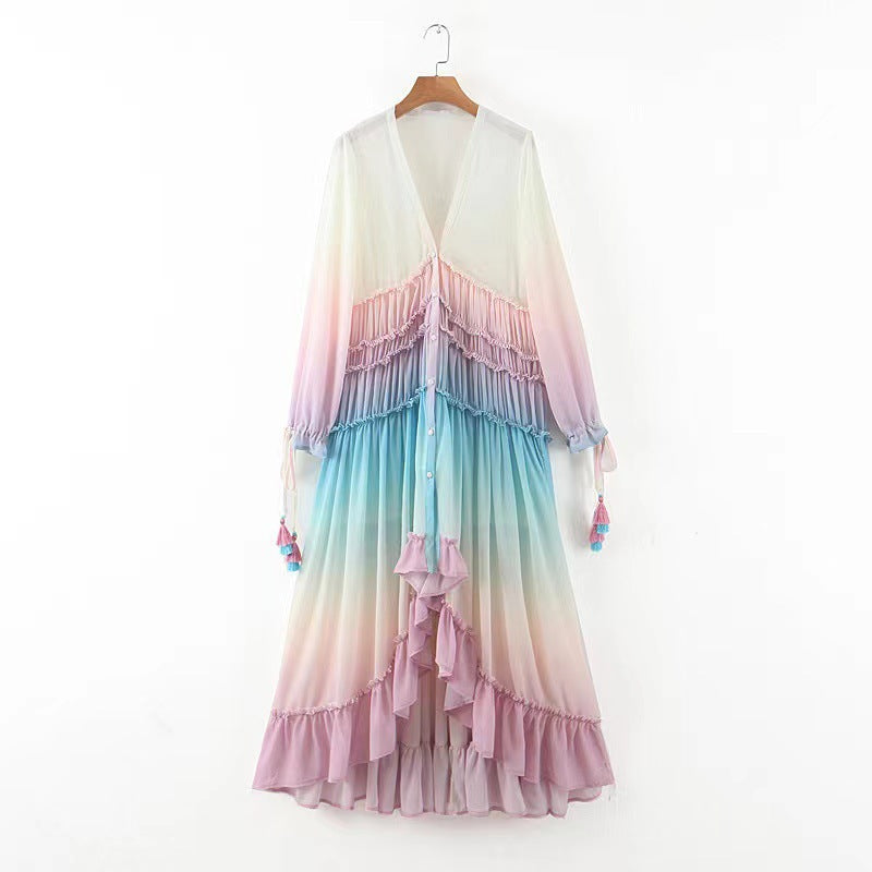 Damen Maxikleid mit Volant-Details und elastischem Oberteil Drune