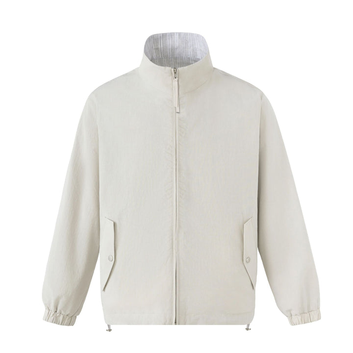 Unisex Kurz geschnittene strukturierte Boxy‑Blousonjacke mit hohem Stehkragen und Druckknopf‑Pattentaschen Drune