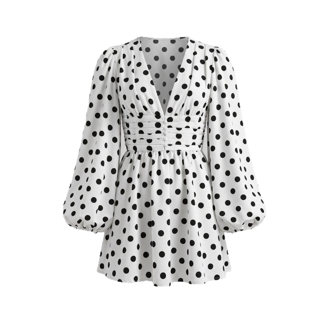 Damen Kurzes Polka‑Dot Kleid mit tiefem V‑Ausschnitt, Ballonärmeln und Knopfleiste Drune