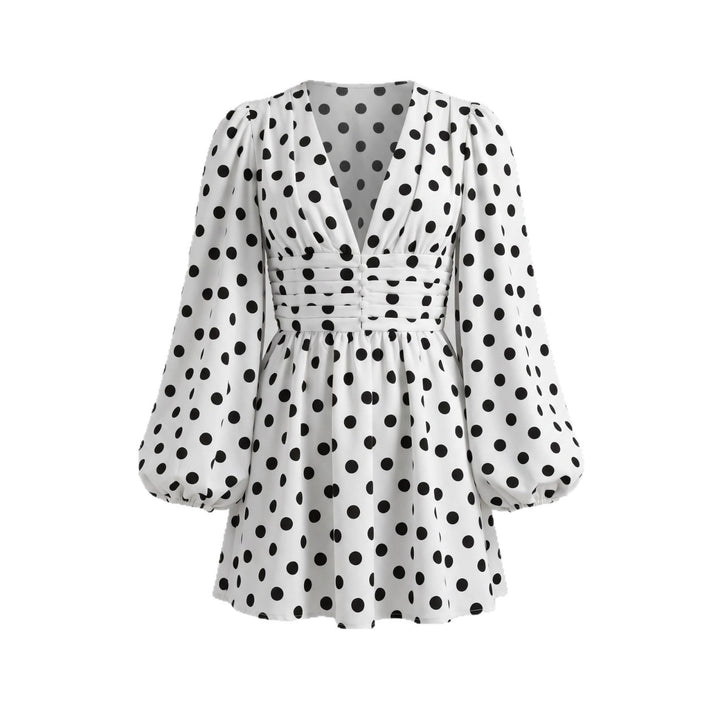 Damen Kurzes Polka‑Dot Kleid mit tiefem V‑Ausschnitt, Ballonärmeln und Knopfleiste Drune