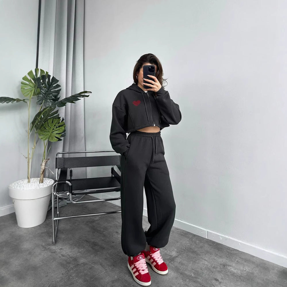 Damen Cropped Kapuzenpullover und hohe Taille Wide-Leg Jogginghose Set Drune