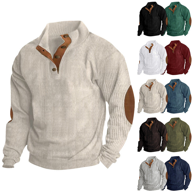 Herren Waffelstrick-Henley-Pullover mit Stehkragen und Ellbogen-Patches Drune