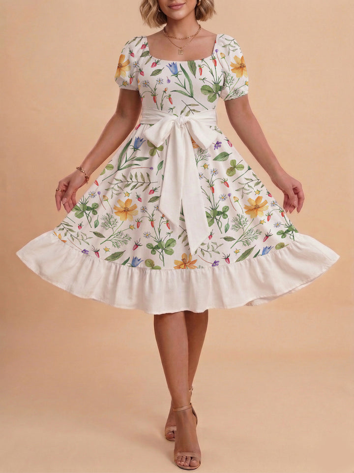 Damen modernes Blumenkleid mit elegantem Taillengürtel und asymmetrischem Saum Drune