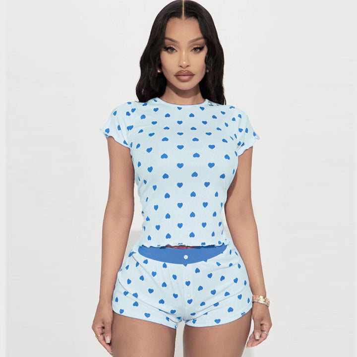 Damen Pyjama Set mit herzförmigem Muster und elastischem Bund Drune