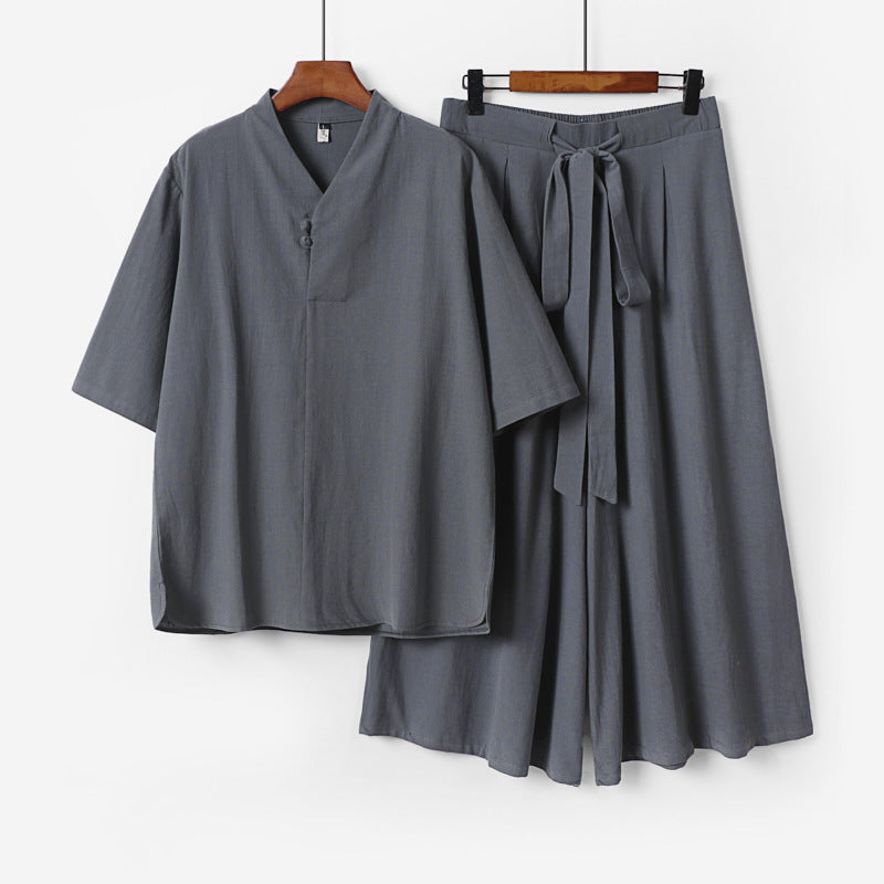 Unisex Zweiteiliges Kimono-Lounge-Set mit Stehkragen Kurzarmtop und weiter Bindbundhose Drune