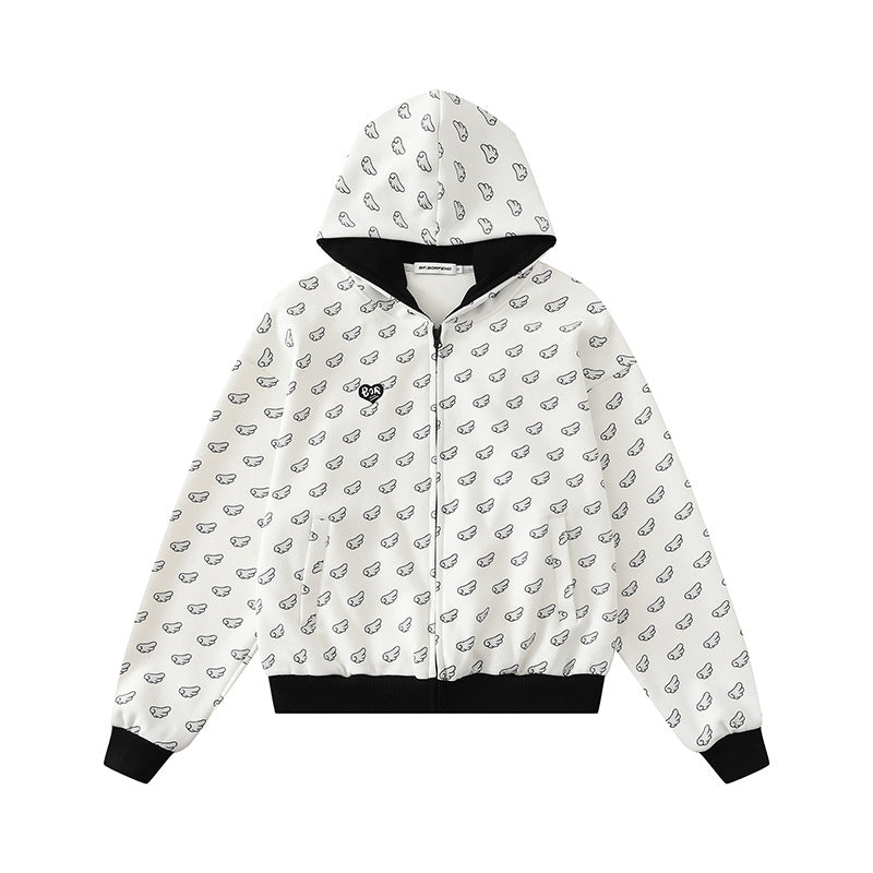 Damen Kapuzensweatjacke mit Allover‑Flügelmotiv, durchgehendem Reißverschluss und kontrastierenden Bündchen Drune