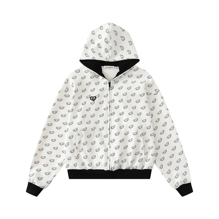 Damen Kapuzensweatjacke mit Allover‑Flügelmotiv, durchgehendem Reißverschluss und kontrastierenden Bündchen Drune
