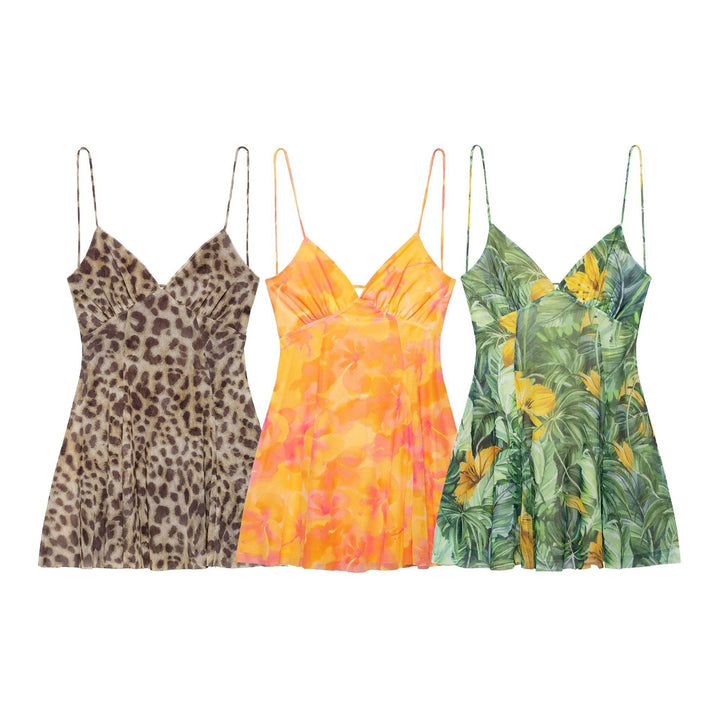 Damen Minikleid mit Floralem Muster und Feinen Spaghettiträgern Drune