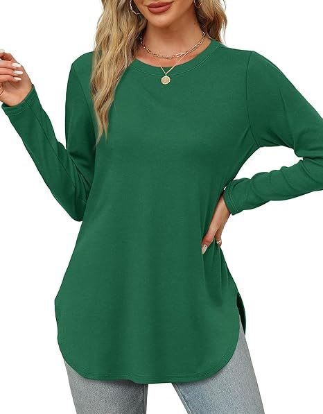Damen Lässiges Longsleeve-Tunikaoberteil mit Rundhalsausschnitt, Seitenschlitzen und Aquarell-Blattprint Drune