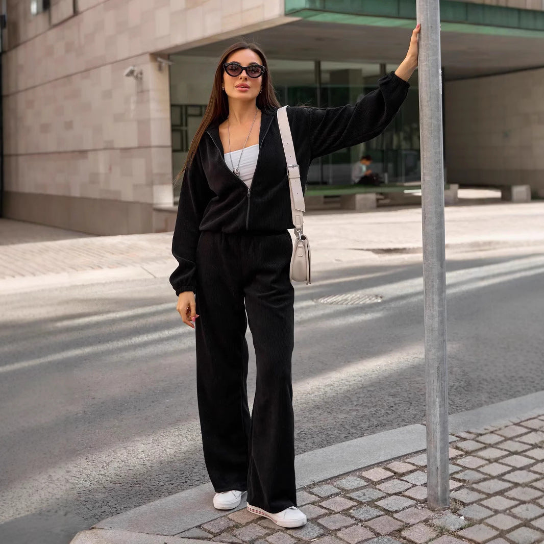 Damen nan kurzes Kapuzen-Loungewear-Set mit durchgehendem Reißverschluss, elastischem Komfortbund und gerippter Struktur Drune