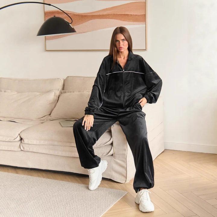 Damen Palazzo-Lounge-Set aus seidig-weichem Nicki mit hoher Kragenblende, Oversize-Passform und elastischer Bundhose Drune