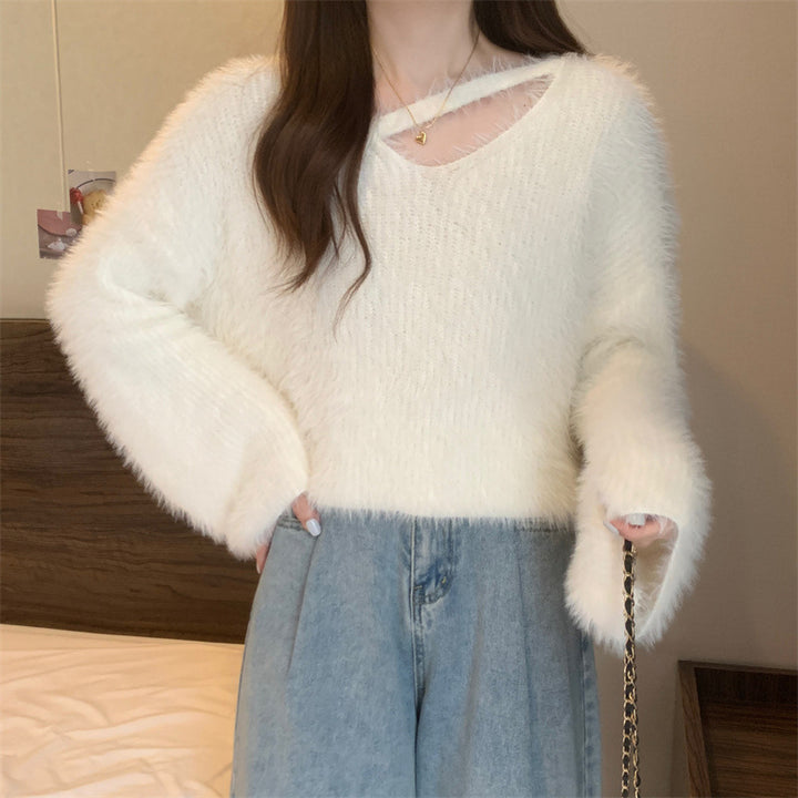 Damen Flauschiger Cropped Pullover mit weichem Strickmuster Drune