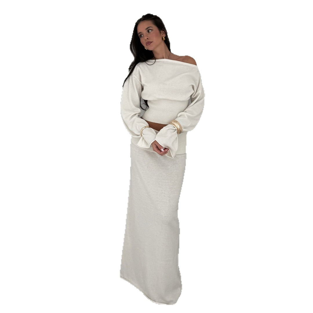 Damen nan schulterfreies Kurz-Cropped-Strickoberteil mit breite(r)m Rippenbund und taillierender Passform Drune